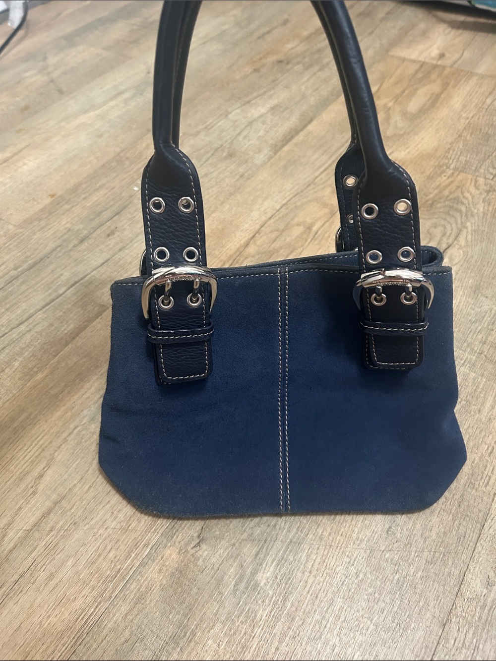 Classic Navy Suede Shoulder Bag with Buckle Details
